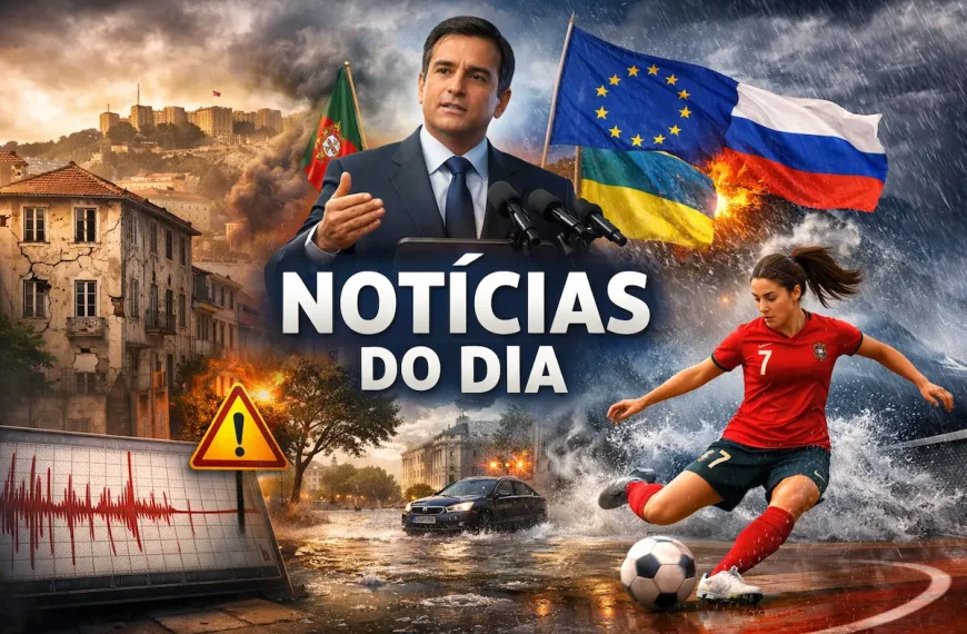 Imagem ilustrativa das notícias do dia com sismo em Lisboa, governo português, tempestades e seleção feminina de futsal de Portugal