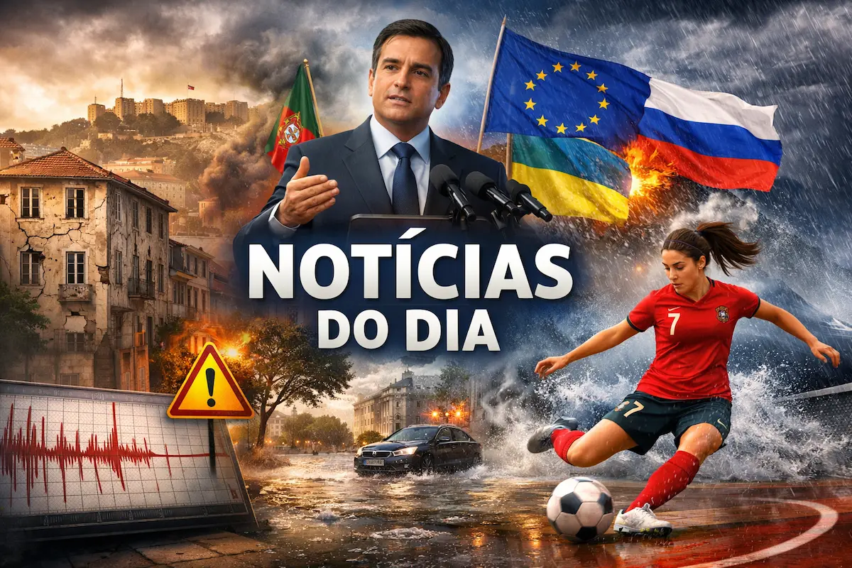 Imagem ilustrativa das notícias do dia com sismo em Lisboa, governo português, tempestades e seleção feminina de futsal de Portugal