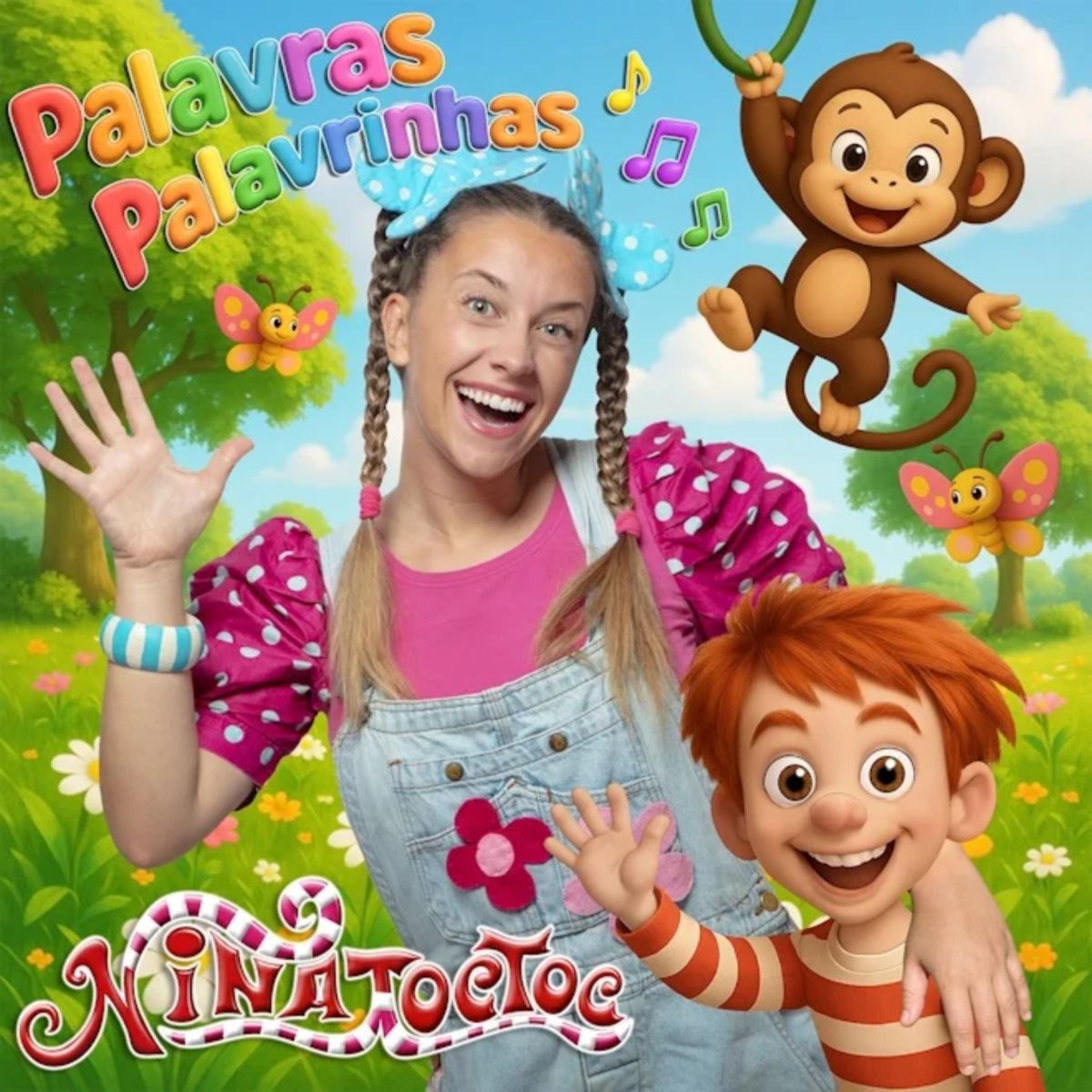 Nina e personagem animada Tooc Tooc no projeto infantil Palavras Palavrinhas