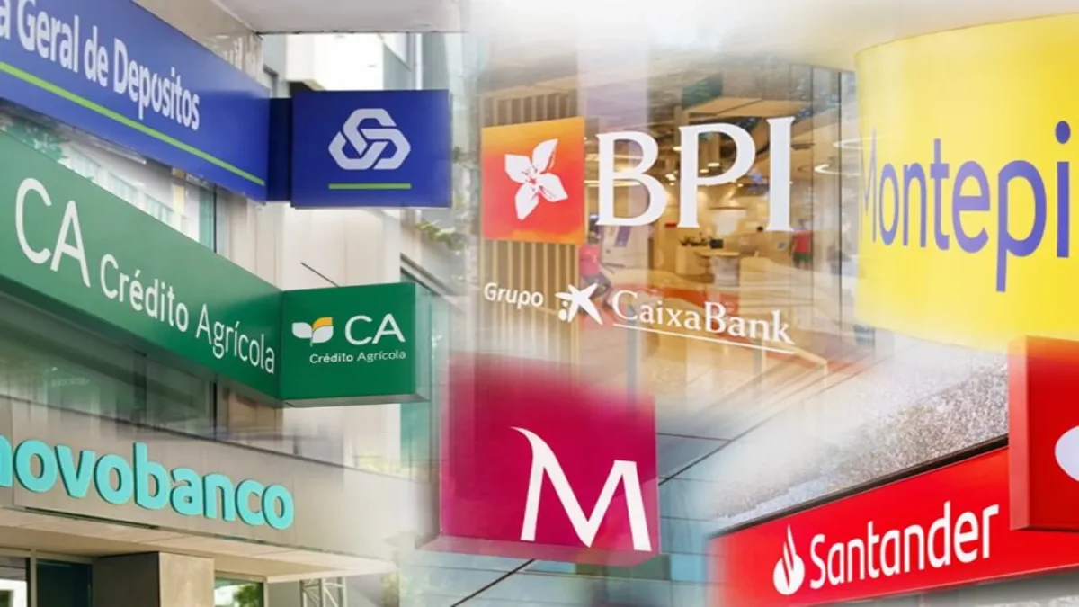 Logótipos de bancos em Portugal como CGD, BPI, Santander e Montepio ilustram aumento de reclamações em 2025