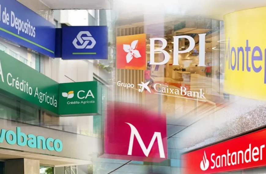 Logótipos de bancos em Portugal como CGD, BPI, Santander e Montepio ilustram aumento de reclamações em 2025