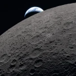 Vista da Lua com a Terra no horizonte durante a missão Artemis II da NASA