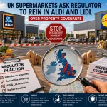Editorial illustration showing Aldi and Lidl stores amid a UK supermarket competition and property covenant debate.