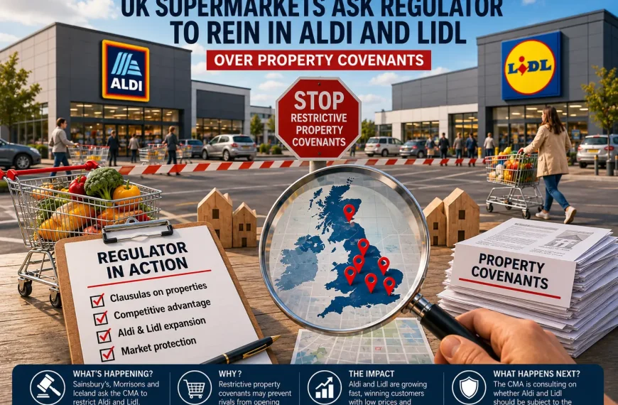 Editorial illustration showing Aldi and Lidl stores amid a UK supermarket competition and property covenant debate.