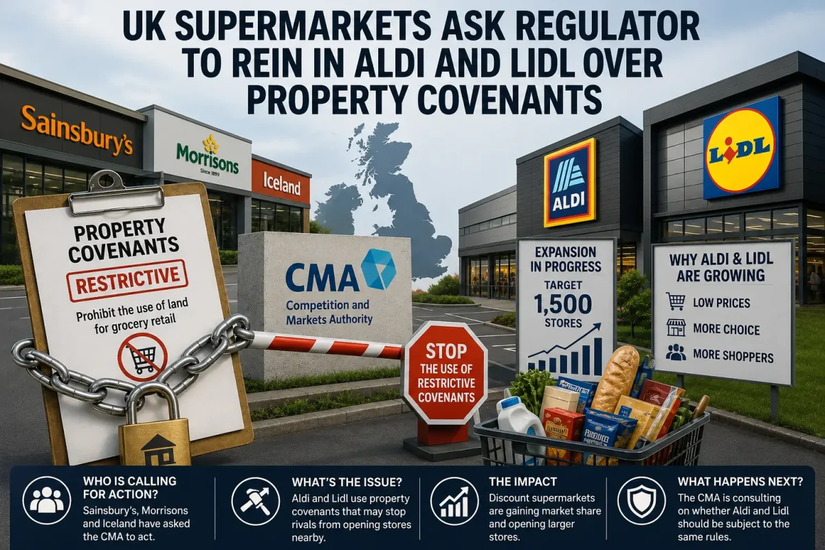 Editorial illustration showing Aldi and Lidl stores amid a UK supermarket competition and property covenant debate.