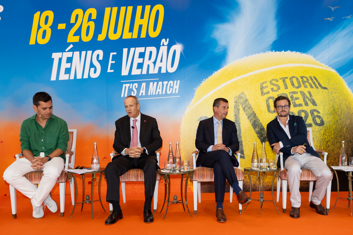 Oradores participam na conferência de imprensa de apresentação do Millennium Estoril Open 2026, realizada no Hotel Palácio Estoril.