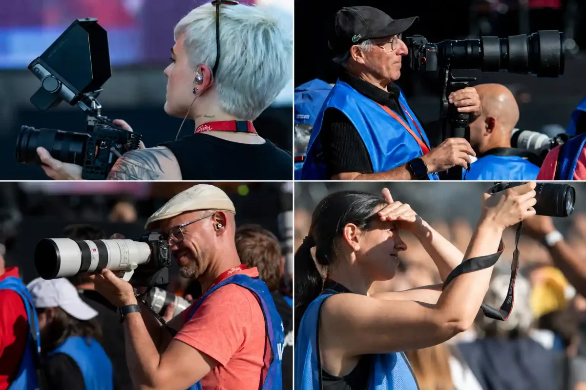 Colagem com fotojornalistas e operadores de imagem durante a cobertura do Rock in Rio Lisboa 2026.