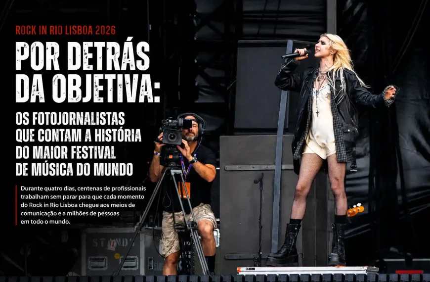 Operador de câmara filma a atuação de uma artista durante um concerto no Rock in Rio Lisboa 2026.