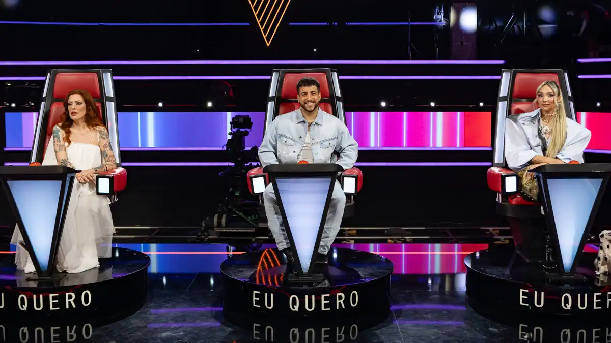 Cláudia Pascoal, David Carreira e Sónia Tavares durante a apresentação da nova temporada do The Voice Portugal, na RTP1.